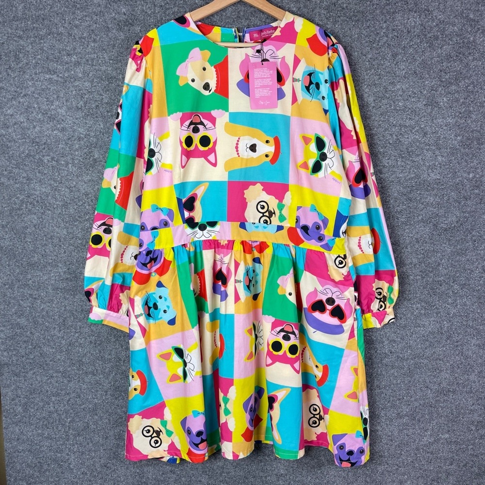 NEW Julyliebe Mini Dress Women 3XL Multicolor Dog Cat Animal Print Long Sleeve